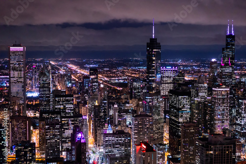 city skyline aerial night view in Chicago, America