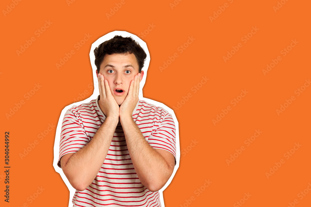 man does not believe his success, keeps hands on head, stares at camera, says omg or wow. emotional guy isolated Magazine collage style with trendy color man does not believe his success, keeps hands on head, stares at camera, says omg or wow. emotional guy isolated Magazine collage style with trendy color