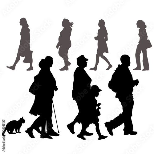 Right-hand traffic of pedestrians, a string of people of different sexes. Men and women of different builds and ages move in the opposite direction. Vector silhouettes of people and silhouette cat. photo