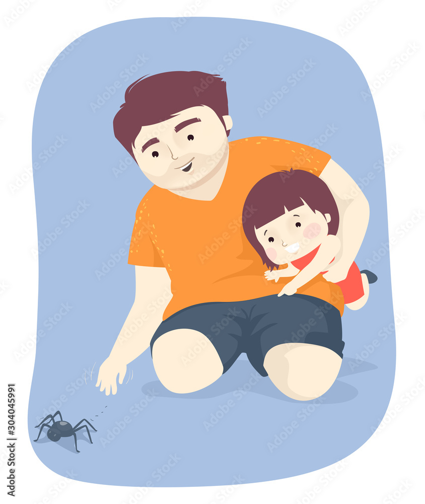 Kid Girl Dad Man Spider Illustration