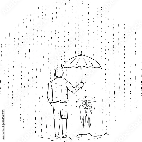 a man covers a woman in the rain