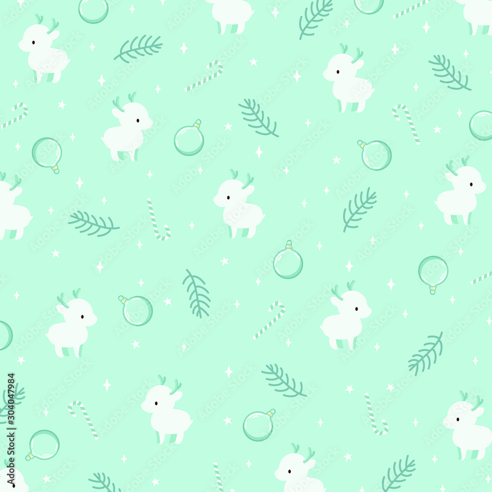 Fototapeta premium Blue festive pattern with a deer, Christmas balls, candy canes and Christmas tree branches.