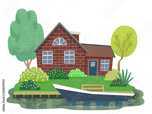Canal Cottage Netherlands Illustration