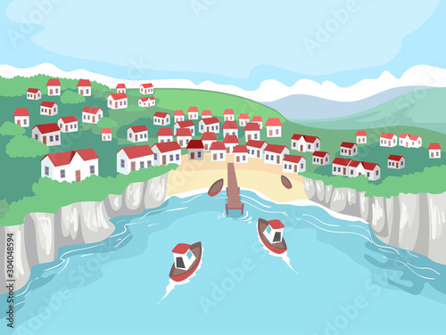 Seaside Village Scene Boat Illustration