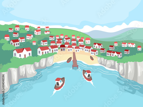 Seaside Village Scene Boat ...