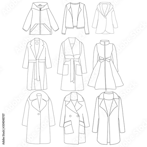 vector, on a white background, women's clothing, coat sketch, set, collection