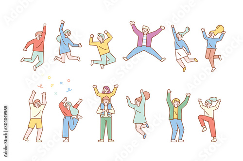 Happy group of young people jumping.  Line art characters.  Lifestyle, success. Minimal Vector Flat illustration. 