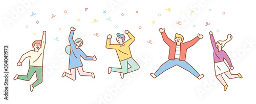 Happy group of young people jumping.  Line art characters.  Lifestyle, success. Minimal Vector Flat illustration. 