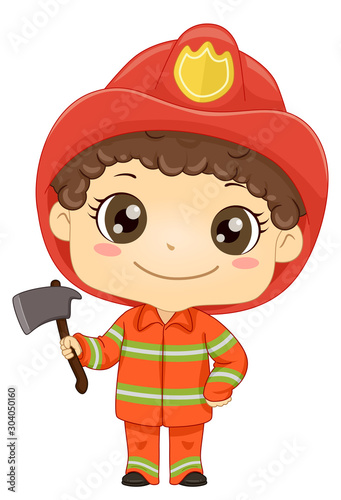 Kid Boy Fireman Ax Illustration