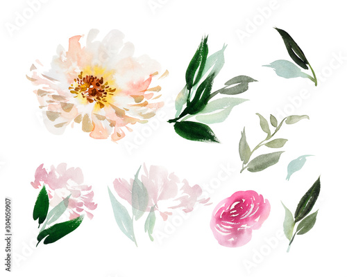 Watercolor set with flowers and floral elements for greeting cards.