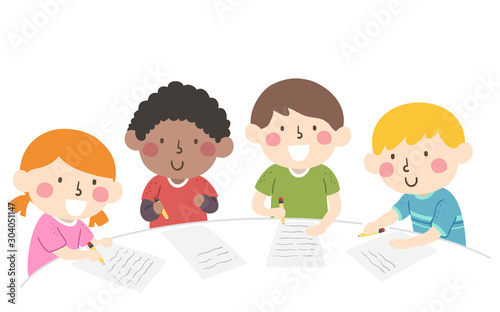 Kids Group Writing Table Illustration