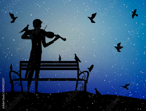 violinist plays under the snow in the park with pigeons, violin dreamer, first snow nostalgic memories, silhouette,