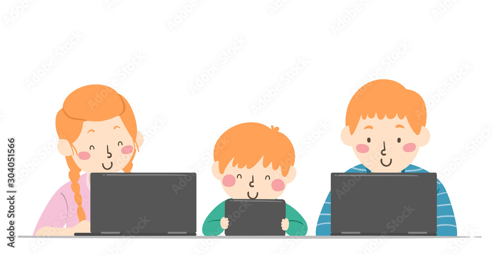 Kids Different Ages Sibling Laptop Illustration Kids Different Ages Sibling Laptop Illustration