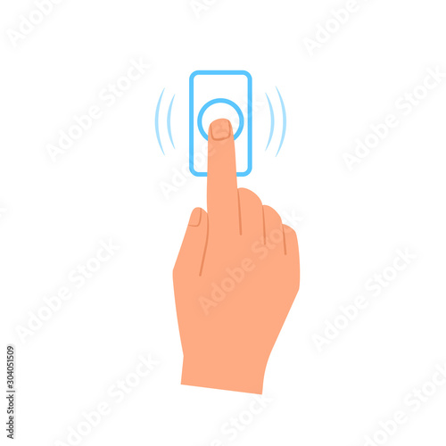 Hand pressing doorbell button icon. Clipart image isolated on white background