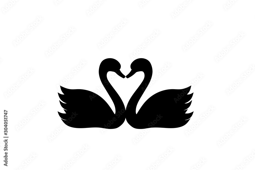 Two swans with heart silhouette icon. Clipart image isolated on white background Two swans with heart silhouette icon. Clipart image isolated on white background