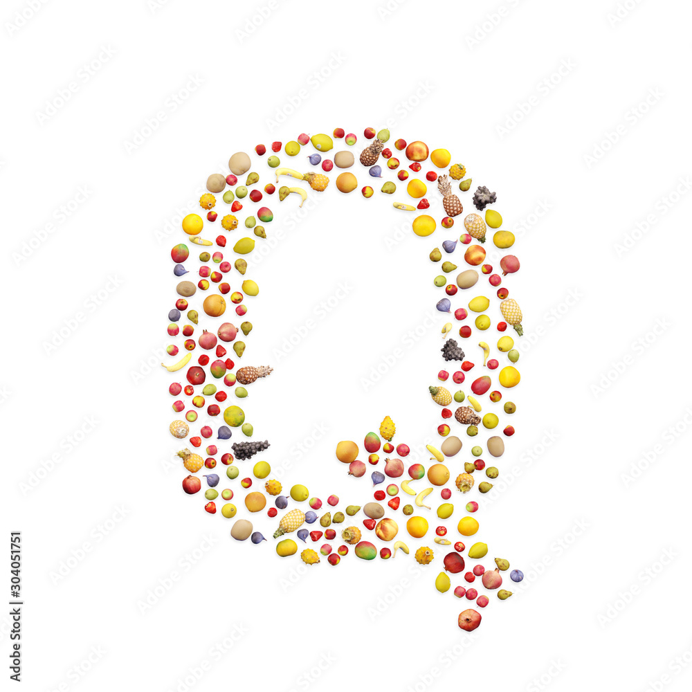 Vegetarian ABC. Fruits on white background forming letter Q Vegetarian ABC. Fruits on white background forming letter Q