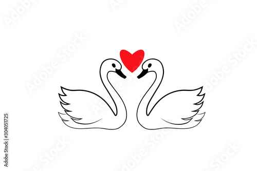 Fototapeta Naklejka Na Ścianę i Meble -  Two swans with heart icon. Clipart image isolated on white background