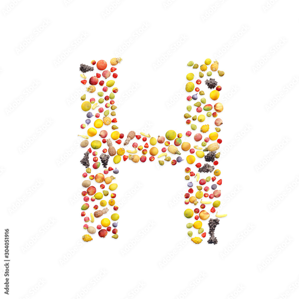Vegetarian ABC. Fruits on white background forming letter H Vegetarian ABC. Fruits on white background forming letter H