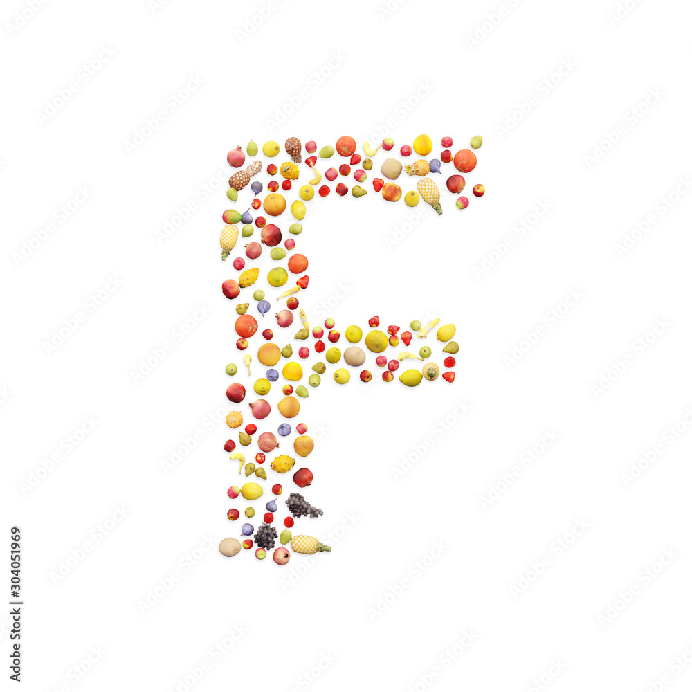 Vegetarian ABC. Fruits on white background forming letter F