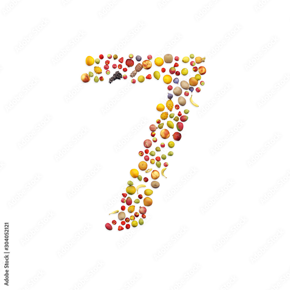 Vegetarian ABC. Fruits on white background forming number 7