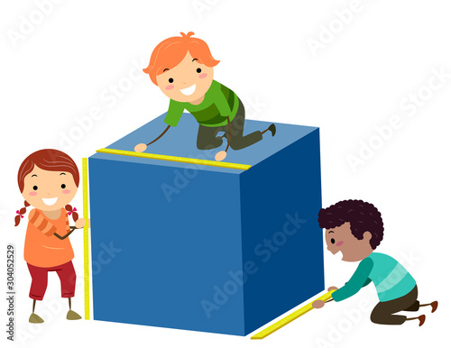 Stickman Kids Measure Cube Height Width Length