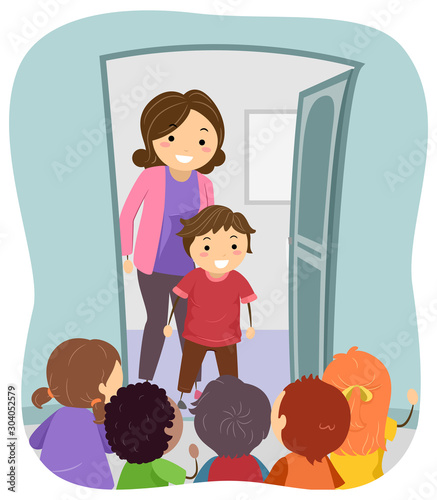 Stickman Kids Mom Visit Friend Illustration