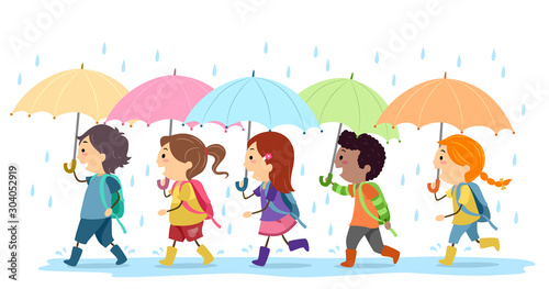 Stickman Kids Umbrella Rain Walk Illustration