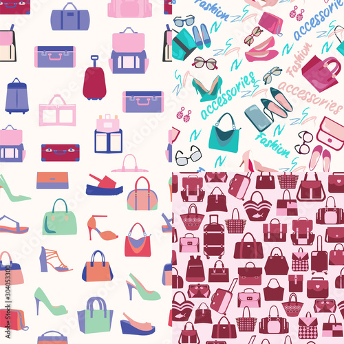 set of Seamless background fashion bags and accessories objects.