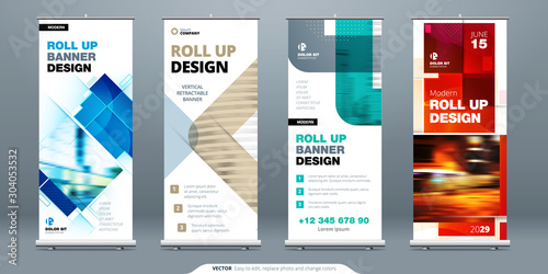 Business Roll Up Banner stand. Abstract Roll up background for Presentation. Vertical roll up, x-stand, x-banner, exhibition display, banner stand or flag design layout. Poster for conference, forum