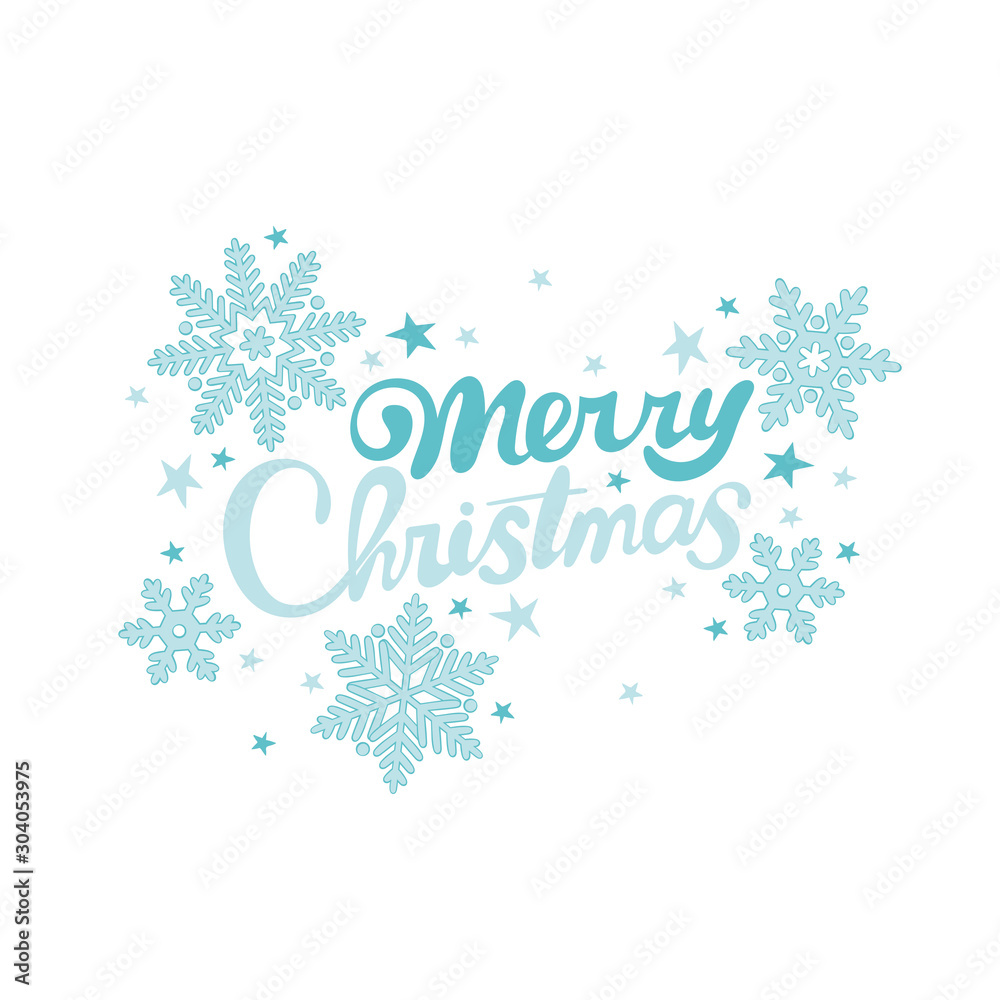 Merry Christmas. Lettering. Snowflakes and stars. Blue. Isolated vector object on a white background. Holiday card.