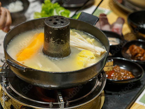 A traditional Chinese / Japanese / Asian hotpot / steamboat meal