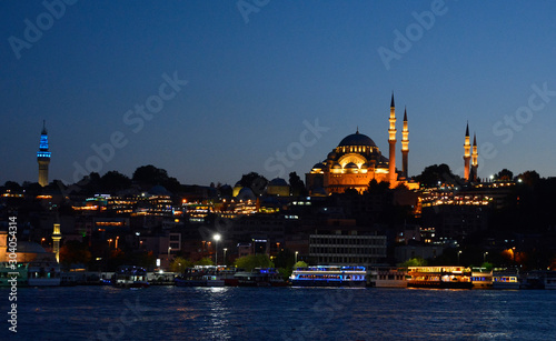Suleymaniye Mosque at dusk. This Ottoman imperial mosque  located on the Third Hill of Istanbul in Turkey  was built in 1557 and is the second largest mosque in Istanbul as well as being the largest O