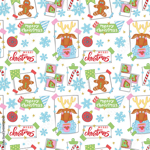 Merry Christmas - lettering. Christmas deer. Snowflakes. Seamless vector pattern (background). Cartoon print.