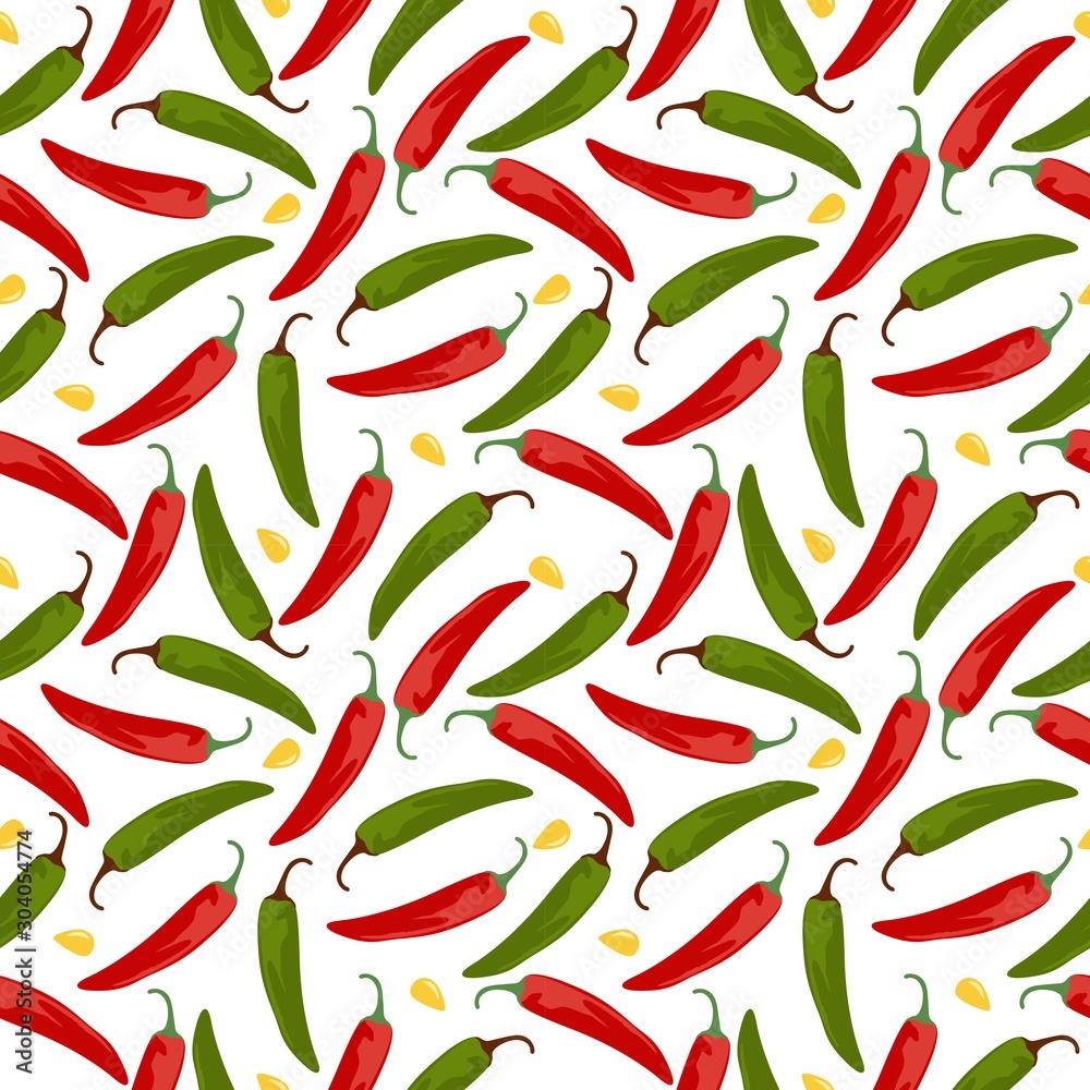 Seamless pattern with red and green hot pepper