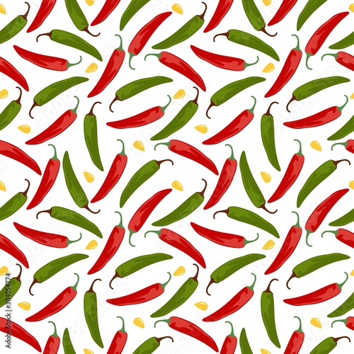 Seamless pattern with red and green hot pepper