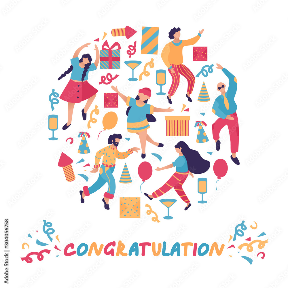 Group of happy dancing people at holidays party. Design template of congratulation banner. Male and female characters. Funny friends dance with serpentine, gift, ballons. Group of happy dancing people at holidays party. Design template of congratulation banner. Male and female characters. Funny friends dance with serpentine, gift, ballons.