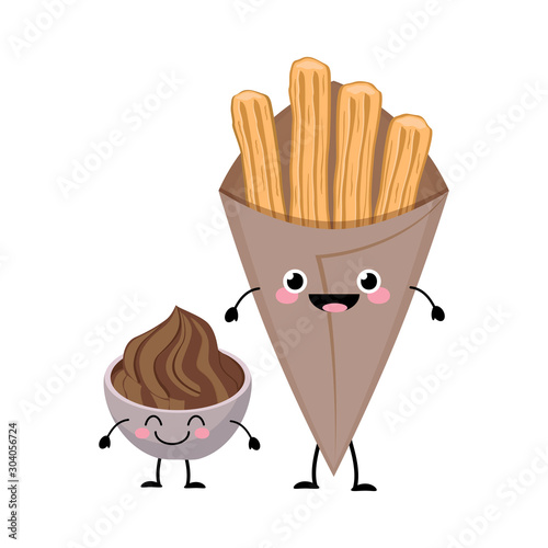 Cute cartoon flat churos with the chockolate dip vector