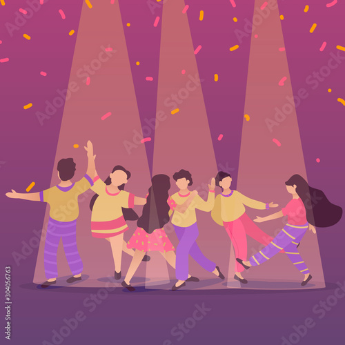Happy dancing people at club. Male and female characters. Funny friends and couple dance and jump.