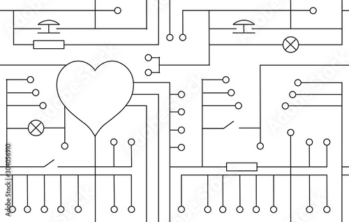 Vektornyy risunok serdtsa otkrytka na den' Svyatogo Valentina, original'naya elektricheskaya skhema Lyubvi  Tekhnologiya  Technology, Original, seamless texture, electrical circuit, Wiring diagram, S photo