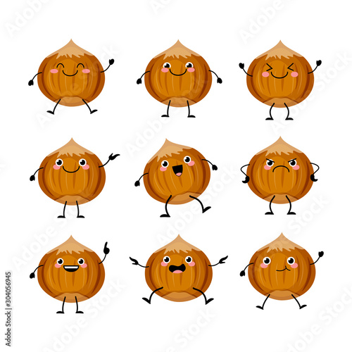 Cute hazelnut characters set with different emitions vector illustration. Funny nuts