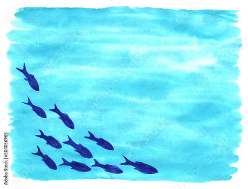 Hand drawn watercolor illustration for decor of marine design, scuba diving. Bright turquoise water, a flock of blue small fish. Blurry wavy background.