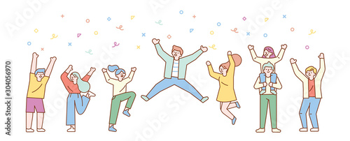 Happy group of young people jumping.  Line art characters.  Lifestyle, success. Minimal Vector Flat illustration. 
