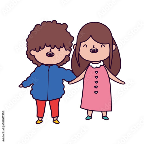 cute little boy and girl hugging on white background