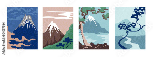 Hill geometric graphic green.Fuji mountain background with Japanese template vector. Famous sightseeing in Japan. Landscape brush stroke on white background.style.Vector illustration of grunge.