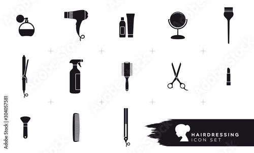 Vector icon set tools ladies hairdresser - salon. Isolated on white background.