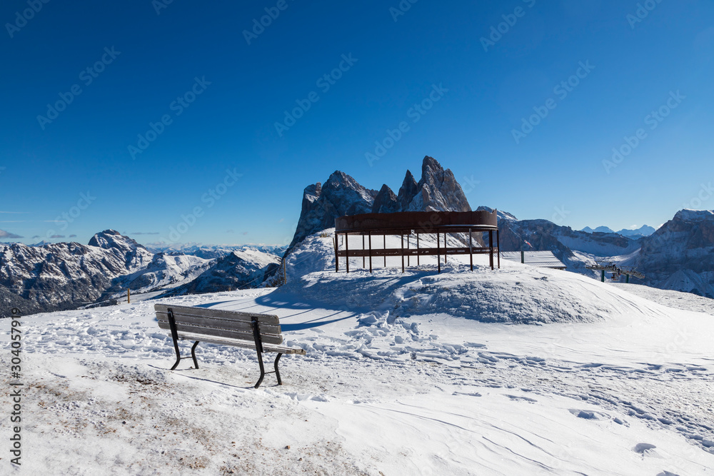 Seceda in the Italian Dolomites under snow.