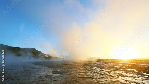 Amazing footage of Strokkur geyser in morning. Location place Geyser Park, Haukadalur valley, Iceland.