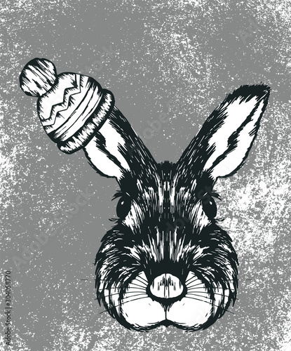 Hipster Fashionable Rabbit Wearing Warm Winter Hat Vector Illustration