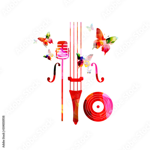 Colorful music promotional poster with microphone and violoncello isolated vector illustration. Artistic music background, music show, live concert events, party flyer design template