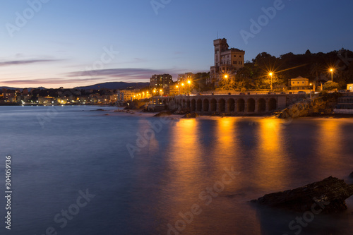 View of Genoa "Quarto dei Mille" at dusk, Italy.